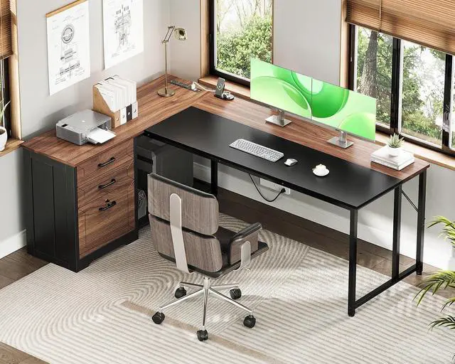 Alt view image 3 of 7 - AODK 61" L Shaped Office Desk with Wood Drawers & Lockable File Cabinet, Reversible 21.7" D Corner Computer Desk with Built-in Power Outlets, Executive Desk for Home Office, Walnut