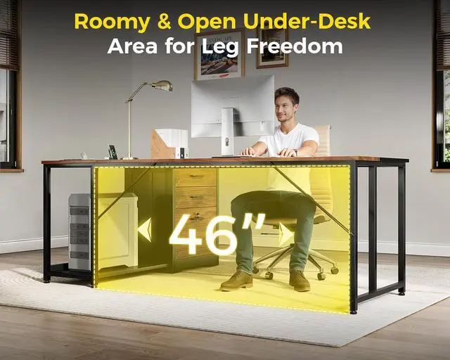 Alt view image 6 of 7 - AODK 61" L Shaped Office Desk with Wood Drawers & Lockable File Cabinet, Reversible 21.7" D Corner Computer Desk with Built-in Power Outlets, Executive Desk for Home Office, Walnut