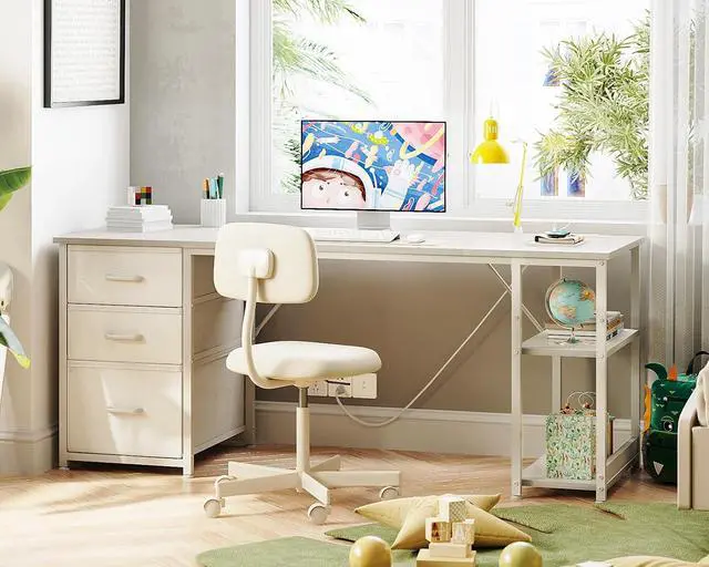 Alt view image 7 of 7 - AODK 63 Inch Computer Desk with Drawers & USB Power Outlets, Reversible Home Office Desk with Storage Shelves, Work from Home, Modern Work/Writing/Study Table for Bedroom, White
