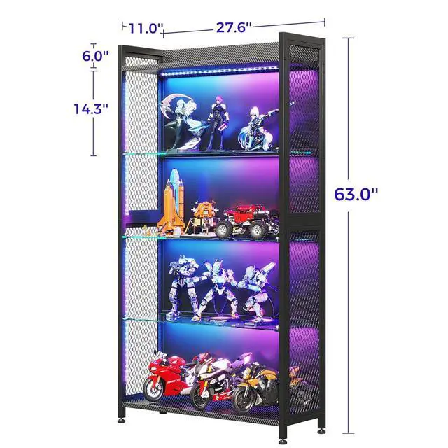 Alt view image 2 of 7 - AODK Display Case with Glass Shelves, 4-Tier Display Cabinet with Lights and Industrial Display Shelf for Living Room