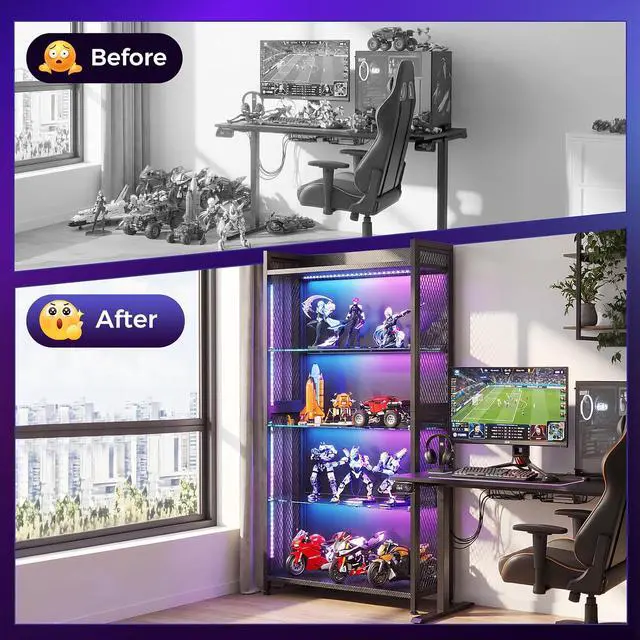 Alt view image 6 of 7 - AODK Display Case with Glass Shelves, 4-Tier Display Cabinet with Lights and Industrial Display Shelf for Living Room