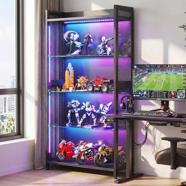 Alt view image 7 of 7 - AODK Display Case with Glass Shelves, 4-Tier Display Cabinet with Lights and Industrial Display Shelf for Living Room
