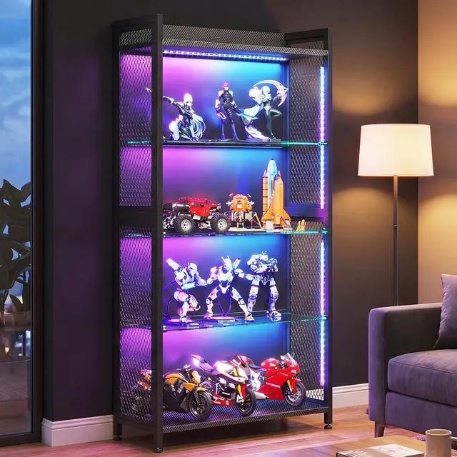 Alt view image 5 of 7 - AODK Display Case with Glass Shelves, 4-Tier Display Cabinet with Lights and Industrial Display Shelf for Living Room