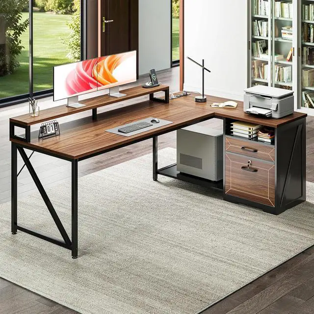 Alt view image 2 of 7 - AODK L Shaped Desk with Wooden Drawers & Locking File Cabinet, 61 Inch Large Executive Desk with Power Outlet, Led Computer Desk with Storage, Corner Office desk with Monitor Stand & CPU Stand, Walnut