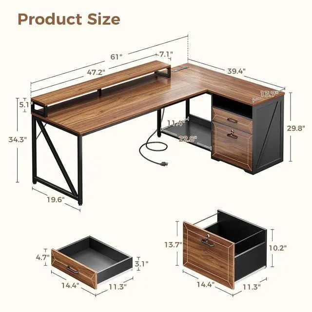 Alt view image 3 of 7 - AODK L Shaped Desk with Wooden Drawers & Locking File Cabinet, 61 Inch Large Executive Desk with Power Outlet, Led Computer Desk with Storage, Corner Office desk with Monitor Stand & CPU Stand, Walnut