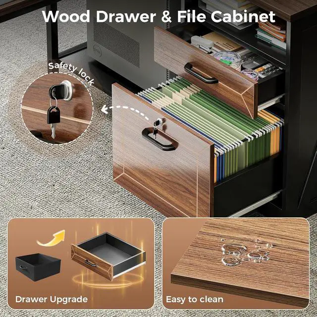 Alt view image 4 of 7 - AODK L Shaped Desk with Wooden Drawers & Locking File Cabinet, 61 Inch Large Executive Desk with Power Outlet, Led Computer Desk with Storage, Corner Office desk with Monitor Stand & CPU Stand, Walnut