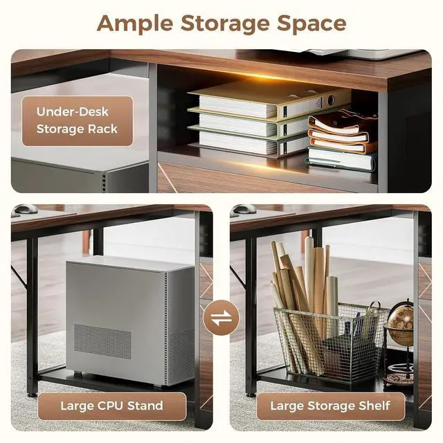 Alt view image 5 of 7 - AODK L Shaped Desk with Wooden Drawers & Locking File Cabinet, 61 Inch Large Executive Desk with Power Outlet, Led Computer Desk with Storage, Corner Office desk with Monitor Stand & CPU Stand, Walnut