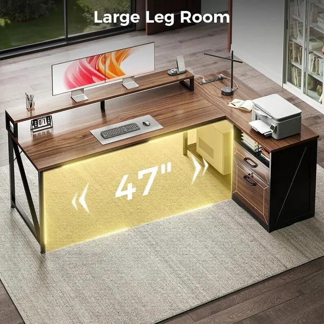 Alt view image 7 of 7 - AODK L Shaped Desk with Wooden Drawers & Locking File Cabinet, 61 Inch Large Executive Desk with Power Outlet, Led Computer Desk with Storage, Corner Office desk with Monitor Stand & CPU Stand, Walnut