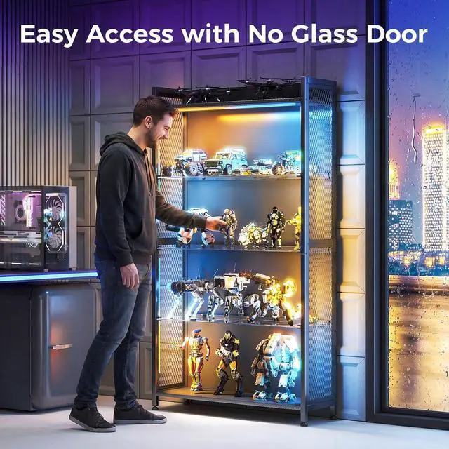 Alt view image 7 of 7 - AODK Display Case with LED Lights, Display Cabinet with Glass Storage Shelves and Industrial Metal Mesh, 4-Tier Display Shelf for Collectibles, Curio Cabinet with Open Shelf, Black Book Shelf