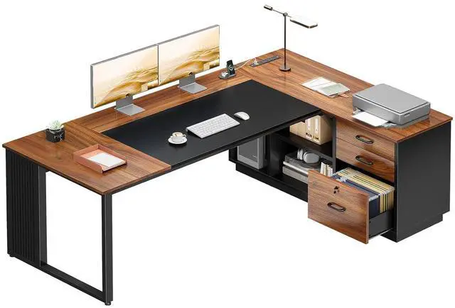 Main image of AODK 71 Inch L Shaped Executive Desk with Drawers and File Cabinet, Large Office Desk with Storage Shelves, Corner Computer Desk for Home Office, Walnut + Black