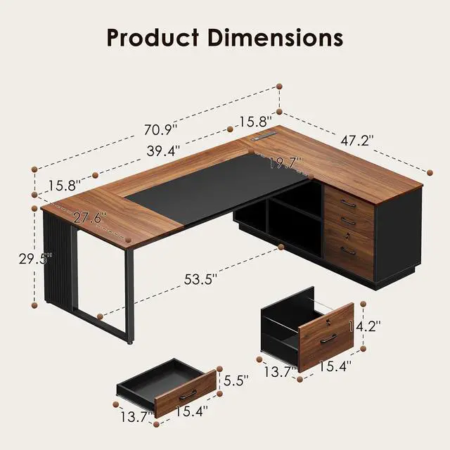 Alt view image 3 of 7 - AODK 71 Inch L Shaped Executive Desk with Drawers and File Cabinet, Large Office Desk with Storage Shelves, Corner Computer Desk for Home Office, Walnut + Black