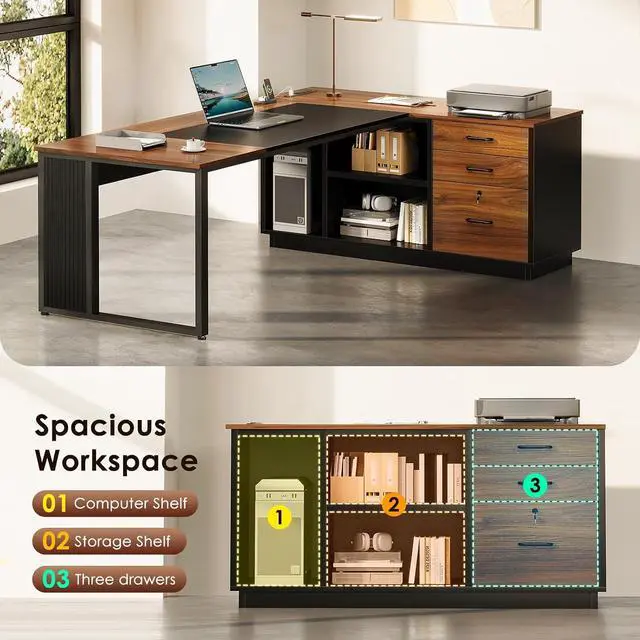 Alt view image 5 of 7 - AODK 71 Inch L Shaped Executive Desk with Drawers and File Cabinet, Large Office Desk with Storage Shelves, Corner Computer Desk for Home Office, Walnut + Black