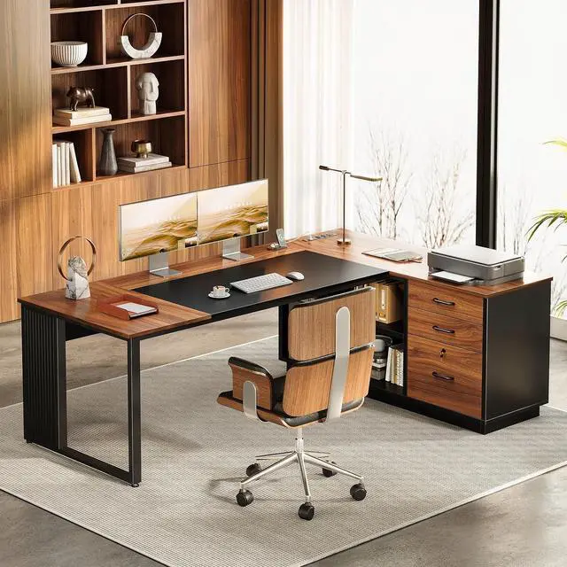 Alt view image 2 of 7 - AODK 71 Inch L Shaped Executive Desk with Drawers and File Cabinet, Large Office Desk with Storage Shelves, Corner Computer Desk for Home Office, Walnut + Black