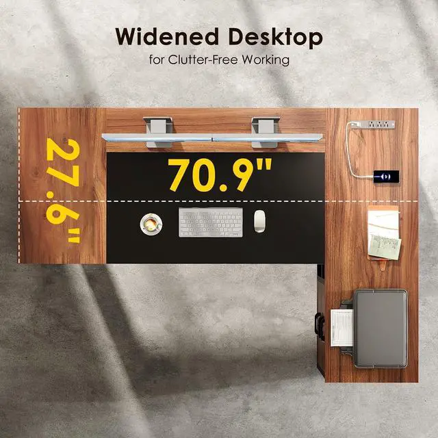 Alt view image 7 of 7 - AODK 71 Inch L Shaped Executive Desk with Drawers and File Cabinet, Large Office Desk with Storage Shelves, Corner Computer Desk for Home Office, Walnut + Black