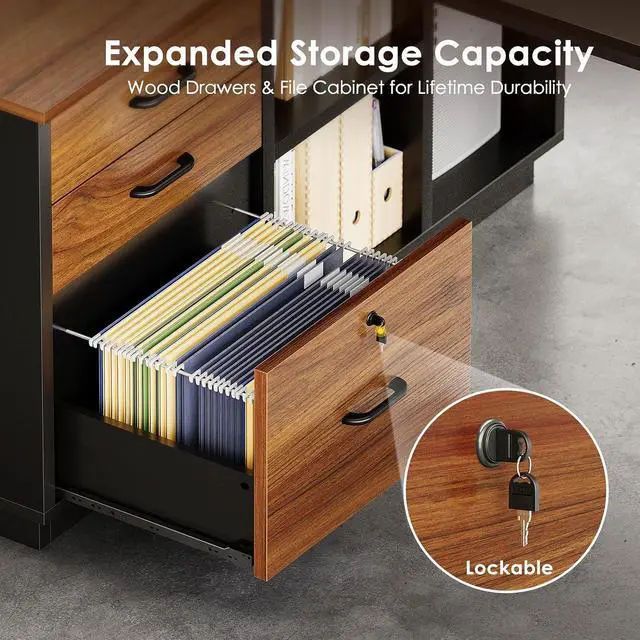 Alt view image 6 of 7 - AODK 71 Inch L Shaped Executive Desk with Drawers and File Cabinet, Large Office Desk with Storage Shelves, Corner Computer Desk for Home Office, Walnut + Black
