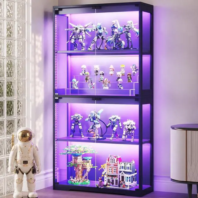 Main image of AODK Glass Display Cabinet with Glass Doors, RGB Light Display Case, 4-Tier Storage Cabinet Display Shelf for Showcase, Black Curio Cabinet for Collectibles