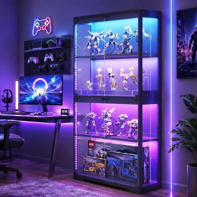 Alt view image 5 of 7 - AODK Glass Display Cabinet with Glass Doors, RGB Light Display Case, 4-Tier Storage Cabinet Display Shelf for Showcase, Black Curio Cabinet for Collectibles
