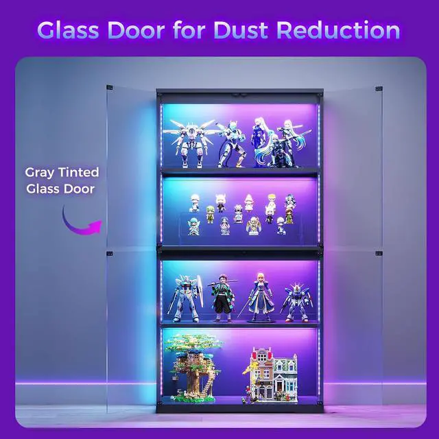 Alt view image 6 of 7 - AODK Glass Display Cabinet with Glass Doors, RGB Light Display Case, 4-Tier Storage Cabinet Display Shelf for Showcase, Black Curio Cabinet for Collectibles