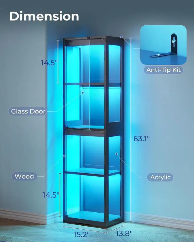 Alt view image 2 of 7 - AODK Display Cabinet with Glass Doors, Glass Display Case with RGB LED Light, Corner Display Shelf for Collectibles, Black Curio Cabinet for Showcase, Bookcase