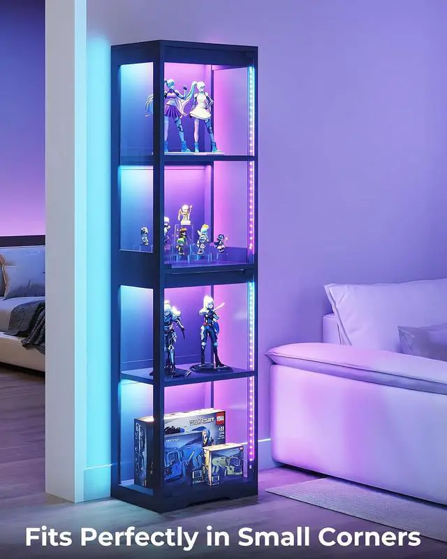 Alt view image 3 of 7 - AODK Display Cabinet with Glass Doors, Glass Display Case with RGB LED Light, Corner Display Shelf for Collectibles, Black Curio Cabinet for Showcase, Bookcase