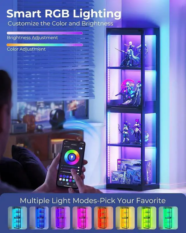 Alt view image 4 of 7 - AODK Display Cabinet with Glass Doors, Glass Display Case with RGB LED Light, Corner Display Shelf for Collectibles, Black Curio Cabinet for Showcase, Bookcase