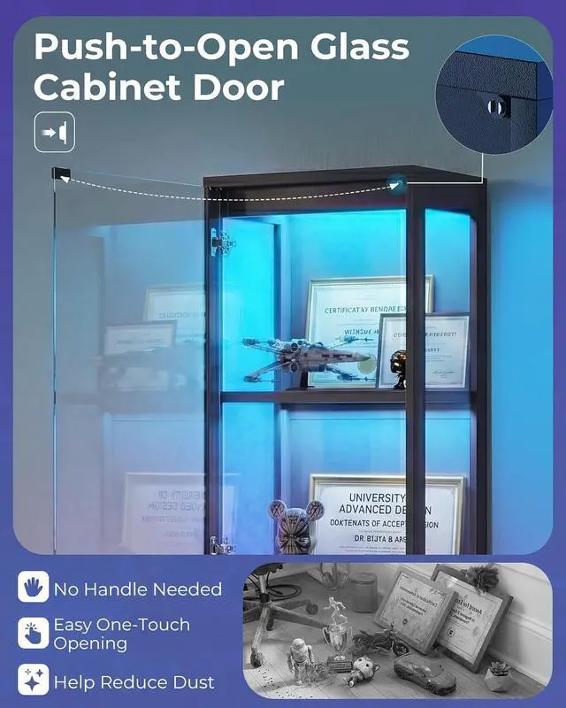 Alt view image 5 of 7 - AODK Display Cabinet with Glass Doors, Glass Display Case with RGB LED Light, Corner Display Shelf for Collectibles, Black Curio Cabinet for Showcase, Bookcase