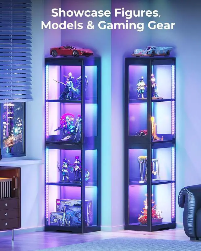 Alt view image 6 of 7 - AODK Display Cabinet with Glass Doors, Glass Display Case with RGB LED Light, Corner Display Shelf for Collectibles, Black Curio Cabinet for Showcase, Bookcase
