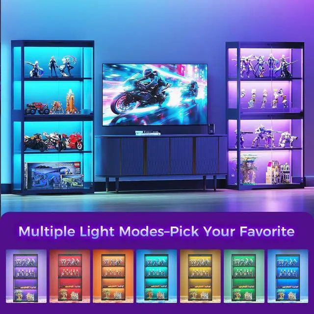 Alt view image 3 of 7 - AODK Glass Display Cabinet with Glass Doors, RGB Light Display Case, 4-Tier Storage Cabinet Display Shelf for Showcase, Black Curio Cabinet for Collectibles
