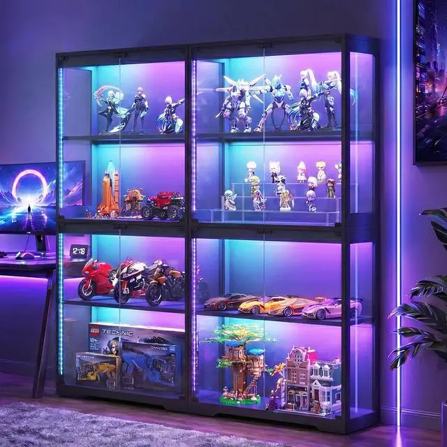 Alt view image 3 of 7 - AODK 2-Pack Display Cabinet with Glass Doors, RGB Light Display Glass Case, 4-Tier Storage Cabinet Display Shelf for Showcase, Black Curio Cabinet for Collectibles