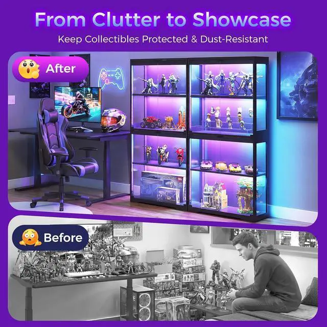 Alt view image 7 of 7 - AODK Glass Display Cabinet with Glass Doors, RGB Light Display Case, 4-Tier Storage Cabinet Display Shelf for Showcase, Black Curio Cabinet for Collectibles