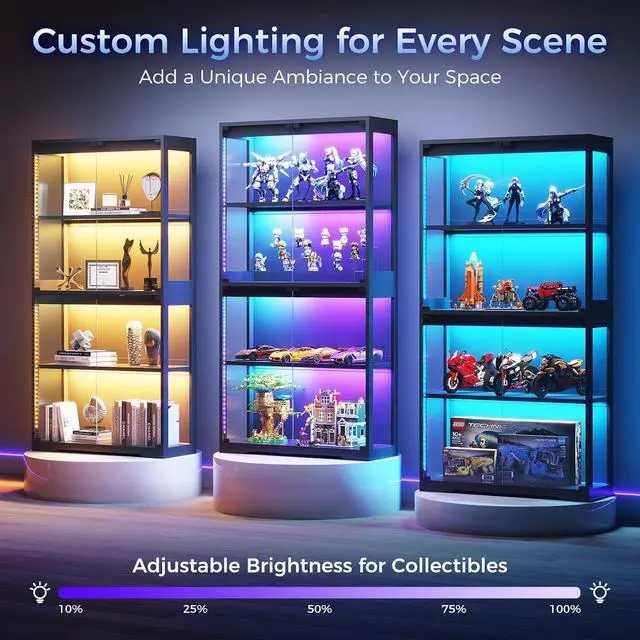 Alt view image 4 of 7 - AODK 2-Pack Display Cabinet with Glass Doors, RGB Light Display Glass Case, 4-Tier Storage Cabinet Display Shelf for Showcase, Black Curio Cabinet for Collectibles