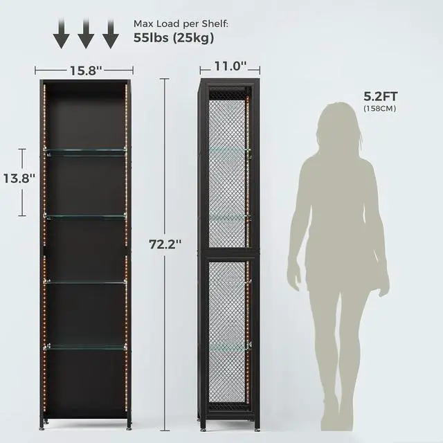 Alt view image 2 of 7 - AODK 72" Tall Book Shelf with Light, 5-Tier Industrial Bookcase with Open Glass Shelves, Corner Shelf for Storage Organizer, Bookshelf for Bedroom, Living Room, Kid Room, Display Cabinet