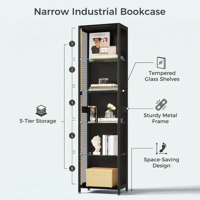 Alt view image 3 of 7 - AODK 72" Tall Book Shelf with Light, 5-Tier Industrial Bookcase with Open Glass Shelves, Corner Shelf for Storage Organizer, Bookshelf for Bedroom, Living Room, Kid Room, Display Cabinet