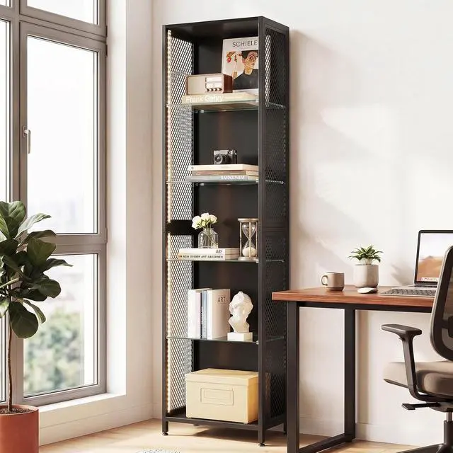 Alt view image 7 of 7 - AODK 72" Tall Book Shelf with Light, 5-Tier Industrial Bookcase with Open Glass Shelves, Corner Shelf for Storage Organizer, Bookshelf for Bedroom, Living Room, Kid Room, Display Cabinet