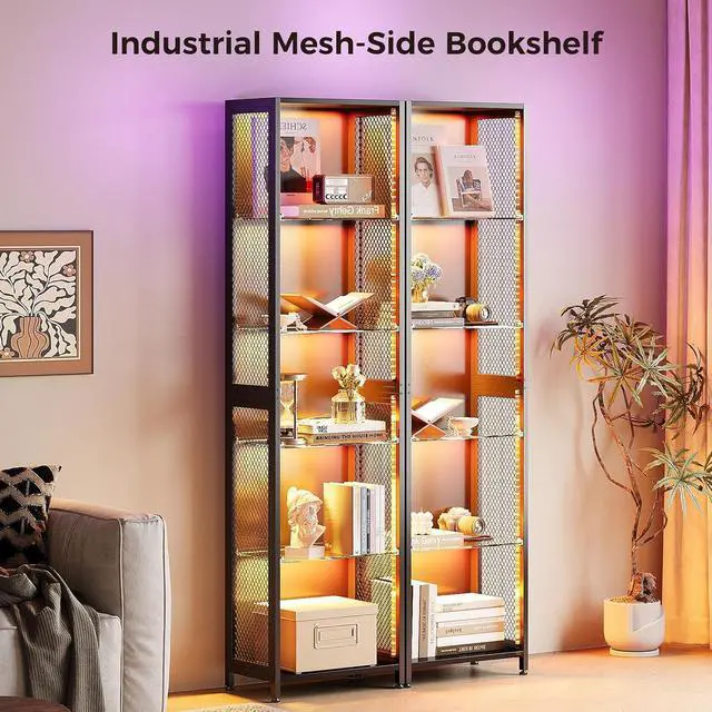 Alt view image 4 of 7 - AODK 72" Tall Book Shelf with Light, 5-Tier Industrial Bookcase with Open Glass Shelves, Corner Shelf for Storage Organizer, Bookshelf for Bedroom, Living Room, Kid Room, Display Cabinet