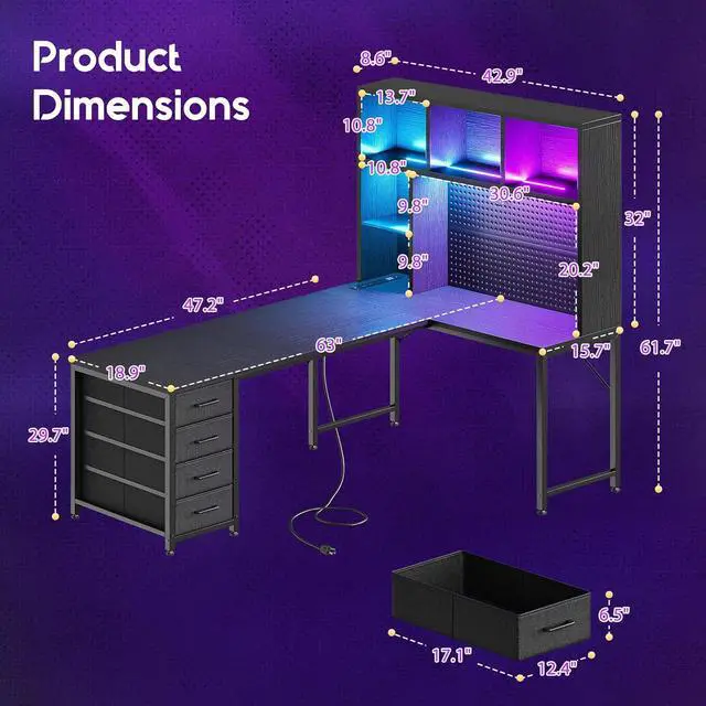 Alt view image 2 of 7 - AODK 63" L Shaped Gaming Desk with Hutch, Pegboard & Shelves, L Shaped Desk with 4 Drawers, Integrated LED Light Strip & Power Outlets, Reversible PC Gaming Computer Desk, Black