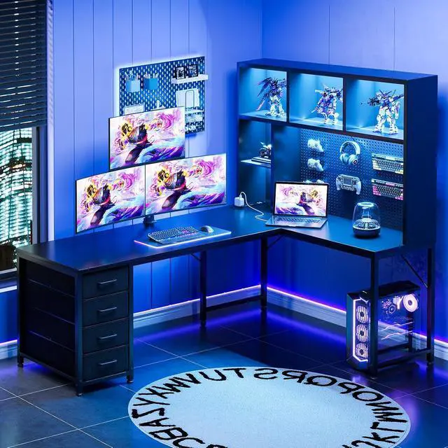 Alt view image 3 of 7 - AODK 63" L Shaped Gaming Desk with Hutch, Pegboard & Shelves, L Shaped Desk with 4 Drawers, Integrated LED Light Strip & Power Outlets, Reversible PC Gaming Computer Desk, Black