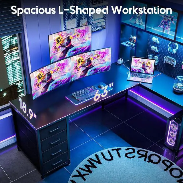 Alt view image 7 of 7 - AODK 63" L Shaped Gaming Desk with Hutch, Pegboard & Shelves, L Shaped Desk with 4 Drawers, Integrated LED Light Strip & Power Outlets, Reversible PC Gaming Computer Desk, Black