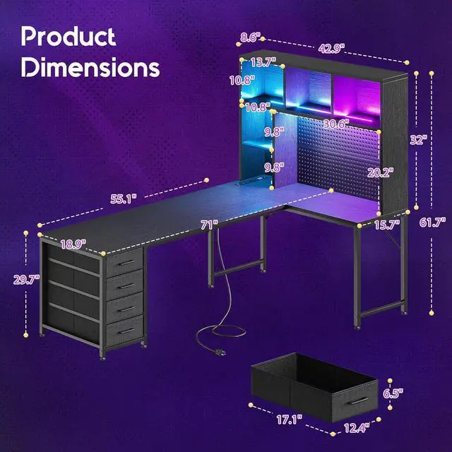 Alt view image 2 of 7 - AODK 71" L Shaped Gaming Desk with Hutch, Pegboard & Shelves, L Shaped Desk with 4 Drawers, Integrated LED Light Strip & Power Outlets, Reversible PC Gaming Computer Desk, Black