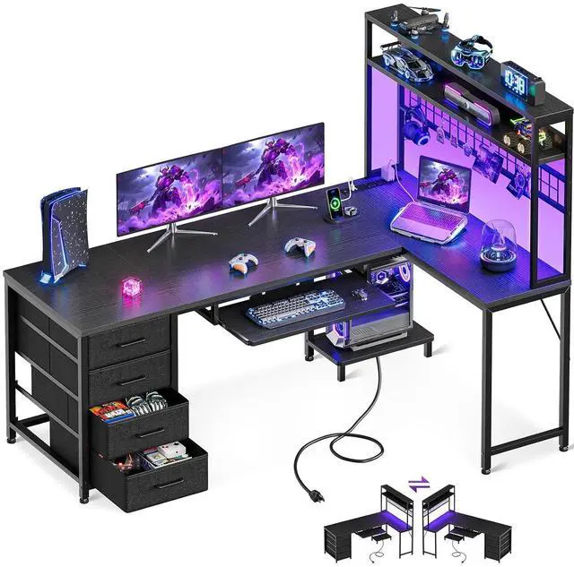 Main image of AODK 59 Inch L Shaped Desk with 4 Drawers, Gaming Desk with Led Lights & Power Outlets, Computer Desk with Pegboard & Keyboard Tray, Reverisble Home Office Desk with Storage Shelves & CPU Stand, Black