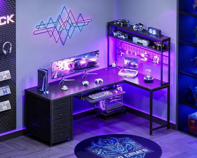 Alt view image 2 of 7 - AODK 59 Inch L Shaped Desk with 4 Drawers, Gaming Desk with Led Lights & Power Outlets, Computer Desk with Pegboard & Keyboard Tray, Reverisble Home Office Desk with Storage Shelves & CPU Stand, Black