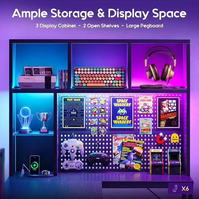 Alt view image 4 of 7 - AODK 63" L Shaped Gaming Desk with Hutch, Pegboard & Shelves, L Shaped Desk with 4 Drawers, Integrated LED Light Strip & Power Outlets, Reversible PC Gaming Computer Desk, Black