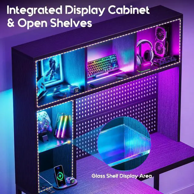Alt view image 6 of 7 - AODK 63" L Shaped Gaming Desk with Hutch, Pegboard & Shelves, L Shaped Desk with 4 Drawers, Integrated LED Light Strip & Power Outlets, Reversible PC Gaming Computer Desk, Black