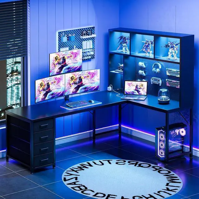 Alt view image 3 of 7 - AODK 71" L Shaped Gaming Desk with Hutch, Pegboard & Shelves, L Shaped Desk with 4 Drawers, Integrated LED Light Strip & Power Outlets, Reversible PC Gaming Computer Desk, Black
