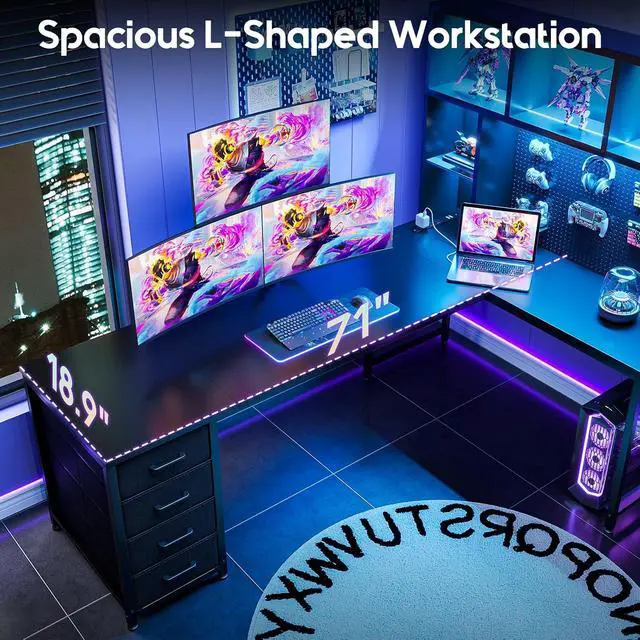 Alt view image 7 of 7 - AODK 71" L Shaped Gaming Desk with Hutch, Pegboard & Shelves, L Shaped Desk with 4 Drawers, Integrated LED Light Strip & Power Outlets, Reversible PC Gaming Computer Desk, Black