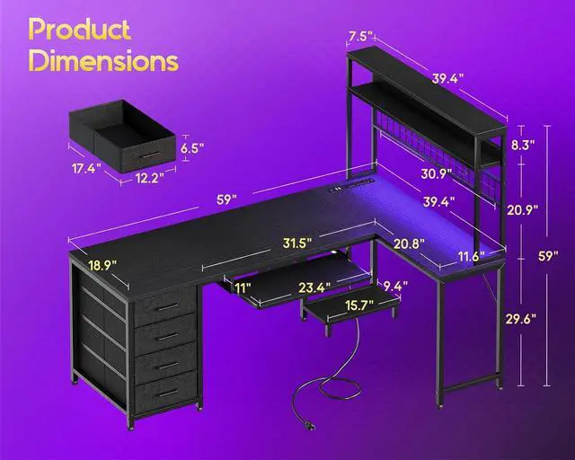 Alt view image 3 of 7 - AODK 59 Inch L Shaped Desk with 4 Drawers, Gaming Desk with Led Lights & Power Outlets, Computer Desk with Pegboard & Keyboard Tray, Reverisble Home Office Desk with Storage Shelves & CPU Stand, Black