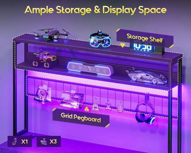 Alt view image 4 of 7 - AODK 59 Inch L Shaped Desk with 4 Drawers, Gaming Desk with Led Lights & Power Outlets, Computer Desk with Pegboard & Keyboard Tray, Reverisble Home Office Desk with Storage Shelves & CPU Stand, Black