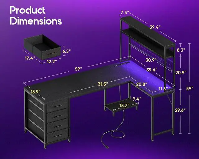 Alt view image 3 of 7 - AODK L Shaped Gaming Desk with 4 Drawers, 59" Reversible Computer Desk with Hutch and Shelves, Gamer Desk with LED Lights, Power Outlets, Home Office Corner Desk with Gird Pegboard, Black