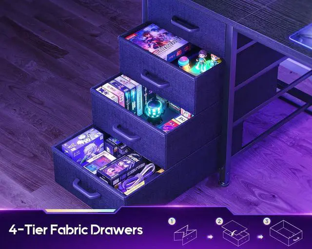Alt view image 4 of 7 - AODK L Shaped Gaming Desk with 4 Drawers, 59" Reversible Computer Desk with Hutch and Shelves, Gamer Desk with LED Lights, Power Outlets, Home Office Corner Desk with Gird Pegboard, Black