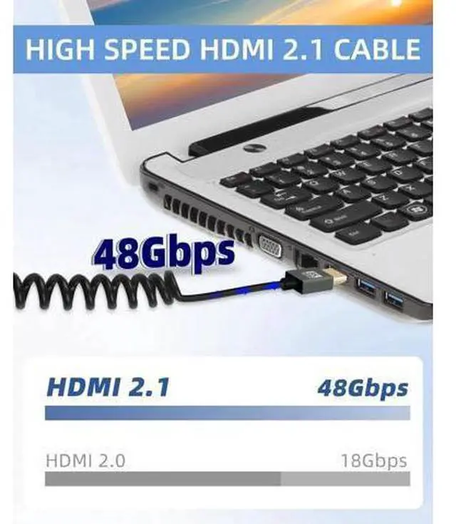 Alt view image 4 of 7 - 2.2FT Down Angle 270° Coiled HDMI 2.1 Cable, 48Gbps 8K@60Hz Spiral Spring Cord for Camera, TV, Capture Card & Tablet